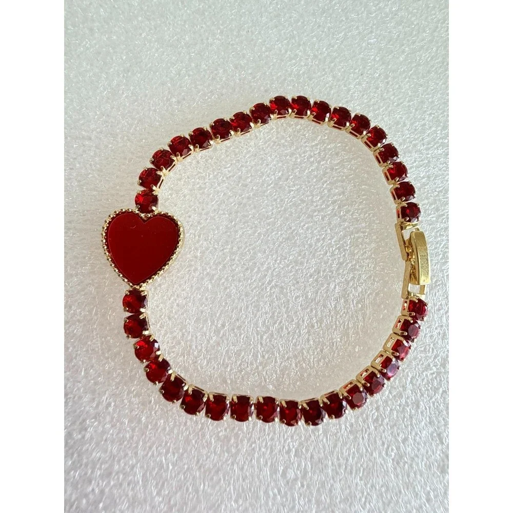 Gold Tone Red Glass Crystal Tennis Bracelet Enamel Heart Charm Accent